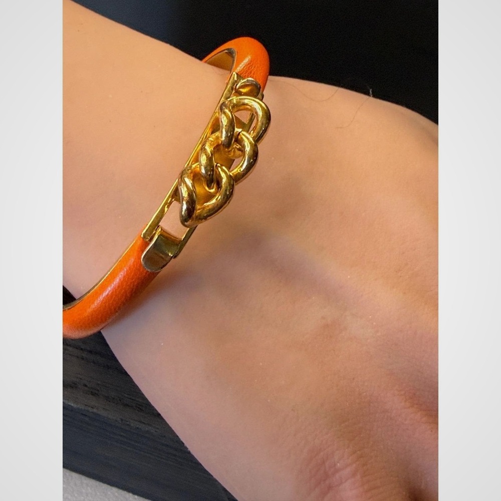 Mannelli Florence Orange Leather 24KT Gold Plated Curb‎ Link Bangle Bracelet - Picture 2 of 6